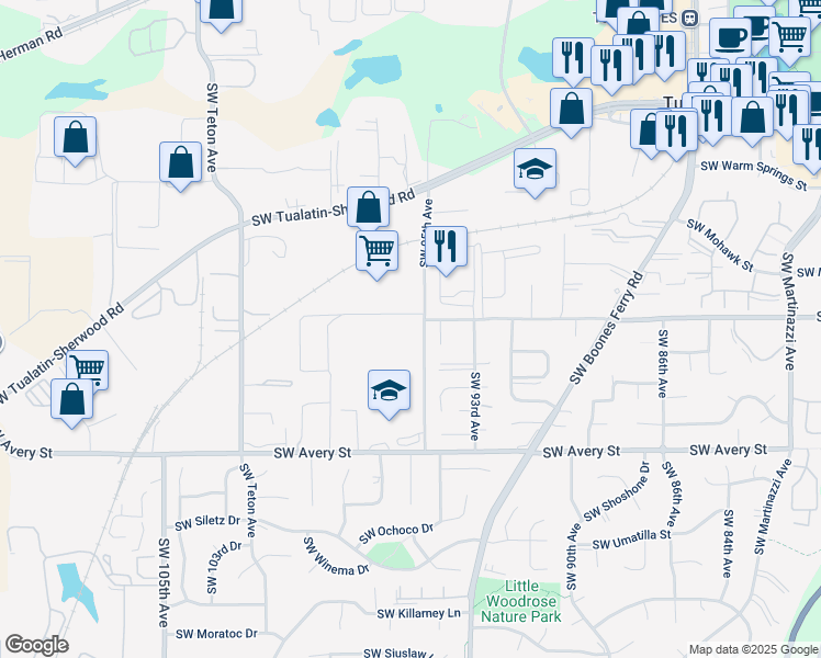 map of restaurants, bars, coffee shops, grocery stores, and more near 19999 Southwest 95th Avenue in Tualatin