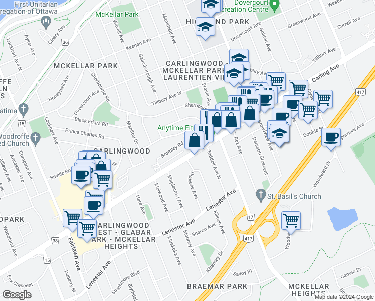 map of restaurants, bars, coffee shops, grocery stores, and more near 800 McKellar Avenue in Ottawa