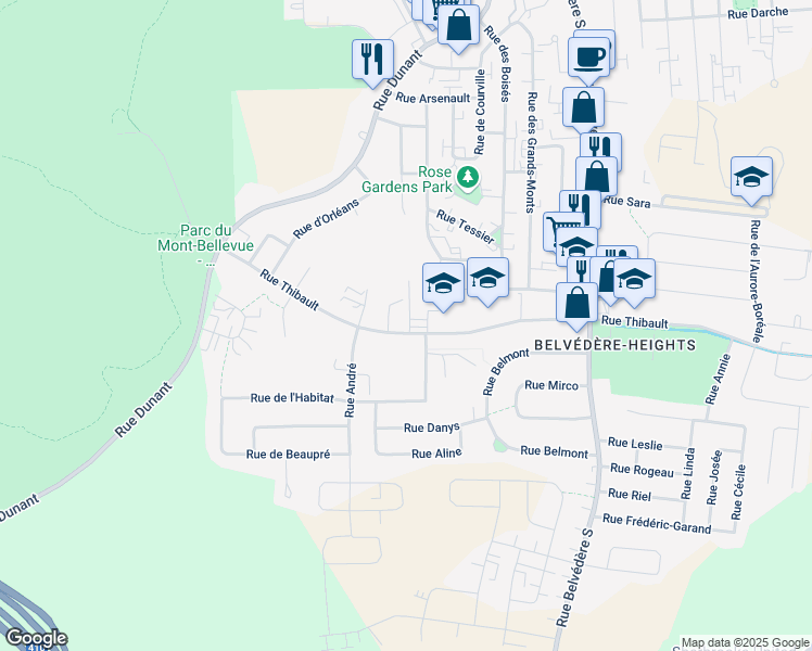 map of restaurants, bars, coffee shops, grocery stores, and more near 939 Rue Thibault in Sherbrooke