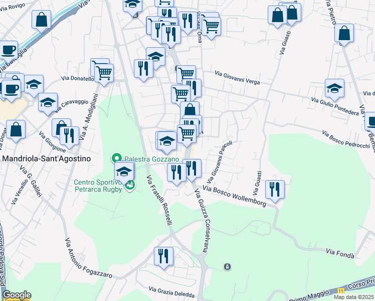 map of restaurants, bars, coffee shops, grocery stores, and more near Via Guizza in Padua