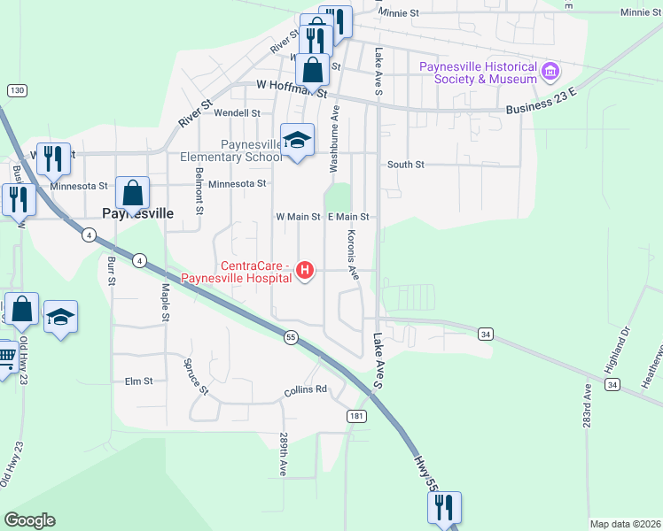 map of restaurants, bars, coffee shops, grocery stores, and more near 645 Washburne Avenue in Paynesville