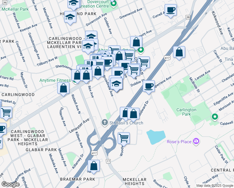 map of restaurants, bars, coffee shops, grocery stores, and more near 31 Broadview Avenue in Ottawa