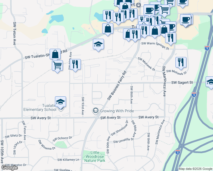 map of restaurants, bars, coffee shops, grocery stores, and more near 8970 Southwest Sagert Street in Tualatin