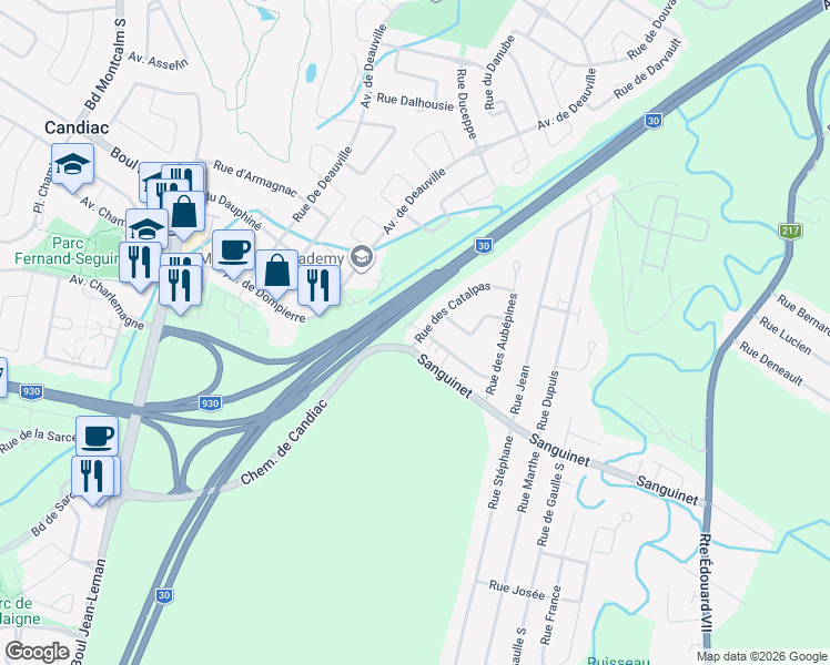 map of restaurants, bars, coffee shops, grocery stores, and more near 100 Rue des Catalpas in Saint-Philippe