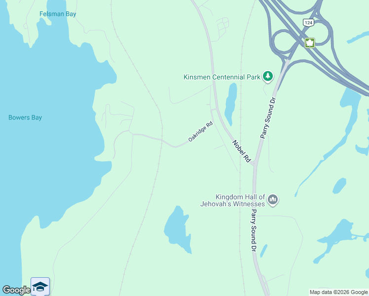 map of restaurants, bars, coffee shops, grocery stores, and more near 10 Oakridge Road in Parry Sound