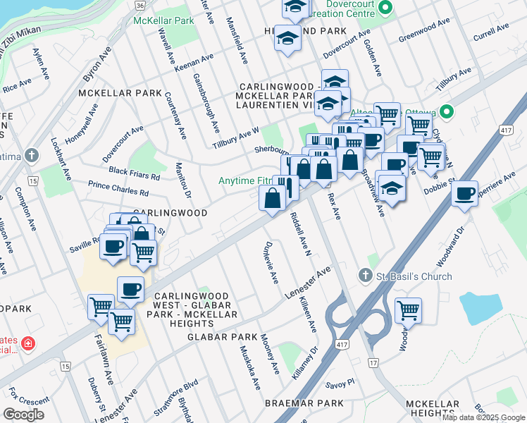 map of restaurants, bars, coffee shops, grocery stores, and more near in Ottawa