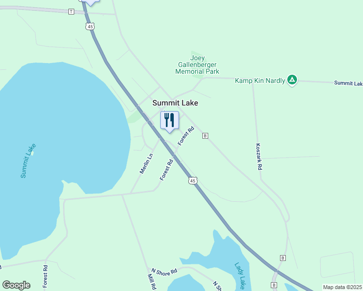 map of restaurants, bars, coffee shops, grocery stores, and more near W10783 Forest Road in Summit Lake