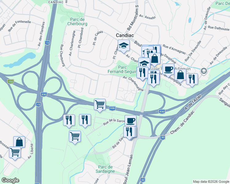 map of restaurants, bars, coffee shops, grocery stores, and more near 22 Rue de Chantilly in Candiac