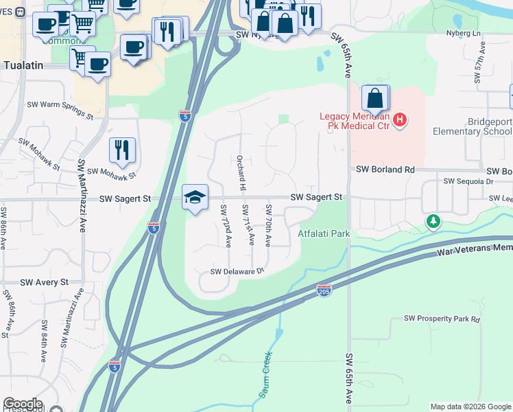 map of restaurants, bars, coffee shops, grocery stores, and more near 20053 Southwest 70th Avenue in Tualatin