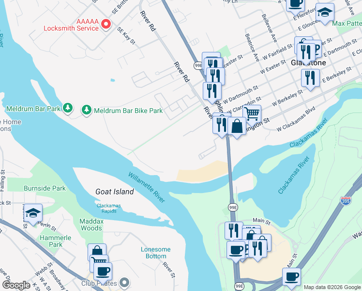 map of restaurants, bars, coffee shops, grocery stores, and more near 19739 River Road in Gladstone