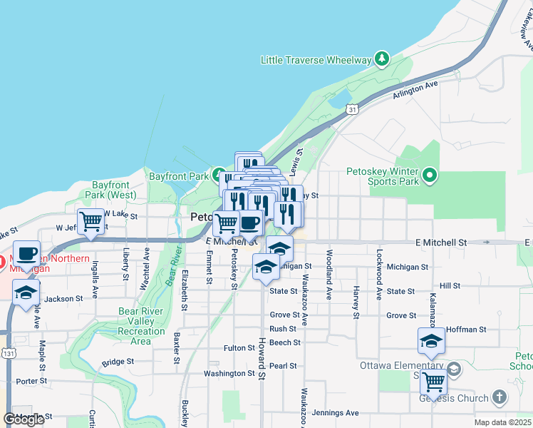 map of restaurants, bars, coffee shops, grocery stores, and more near 401 East Lake Street in Petoskey