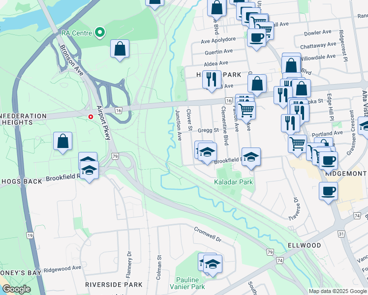 map of restaurants, bars, coffee shops, grocery stores, and more near 2477 Junction Avenue in Ottawa