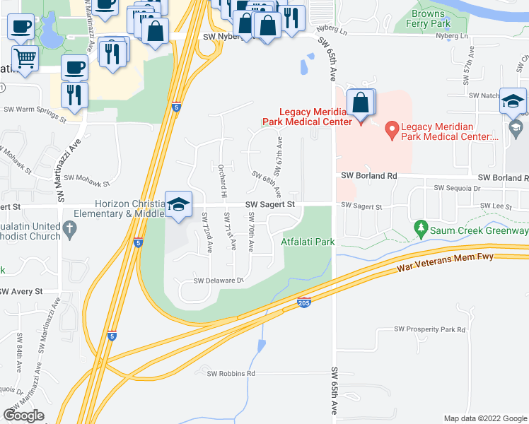 map of restaurants, bars, coffee shops, grocery stores, and more near 20075 Southwest 69th Street in Tualatin