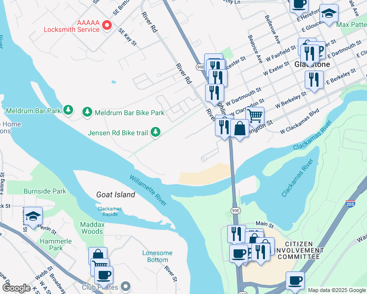 map of restaurants, bars, coffee shops, grocery stores, and more near Rivergreens Road in Gladstone