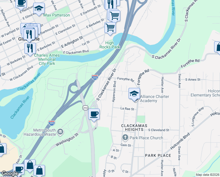 map of restaurants, bars, coffee shops, grocery stores, and more near 13824 Melinda Street in Oregon City