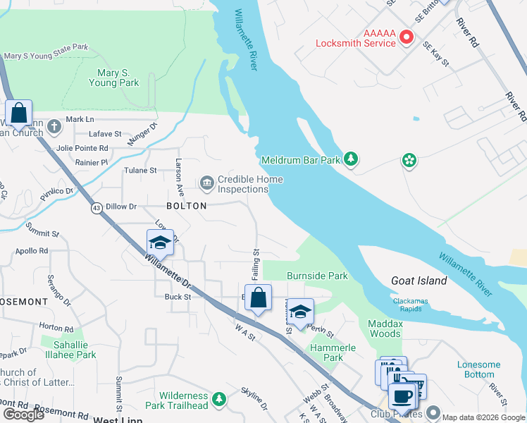 map of restaurants, bars, coffee shops, grocery stores, and more near 6560 Failing Street in West Linn