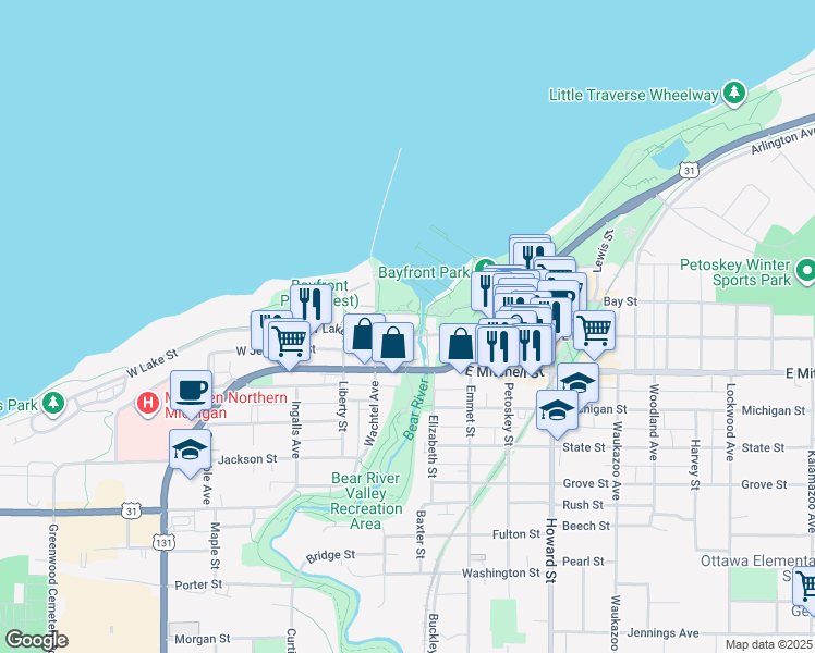 map of restaurants, bars, coffee shops, grocery stores, and more near 100 West Lake Street in Petoskey