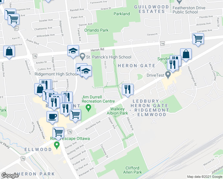 map of restaurants, bars, coffee shops, grocery stores, and more near 172 Colliston Crescent in Ottawa