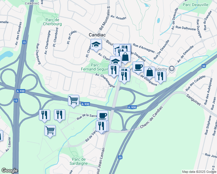 map of restaurants, bars, coffee shops, grocery stores, and more near 152 Rue de Chantilly in Candiac