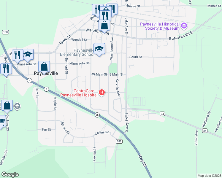 map of restaurants, bars, coffee shops, grocery stores, and more near 645 Washburne Avenue in Paynesville