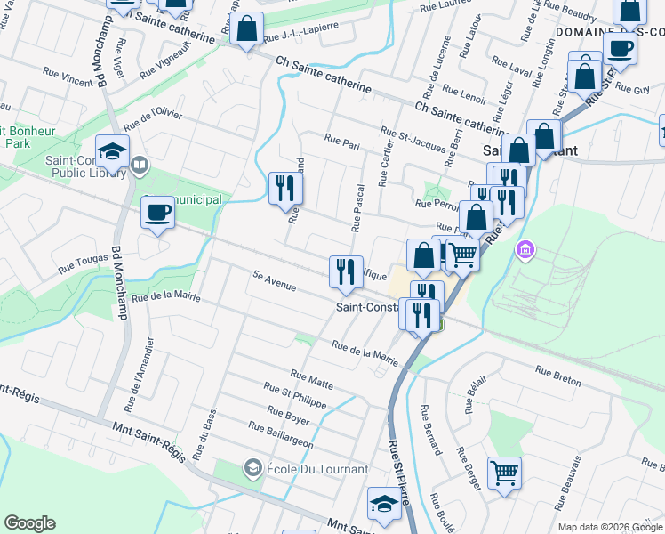 map of restaurants, bars, coffee shops, grocery stores, and more near 110 Rue Pacifique in Saint-Constant