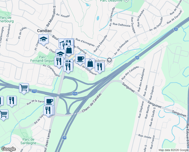map of restaurants, bars, coffee shops, grocery stores, and more near 115 Avenue Dompierre in Candiac