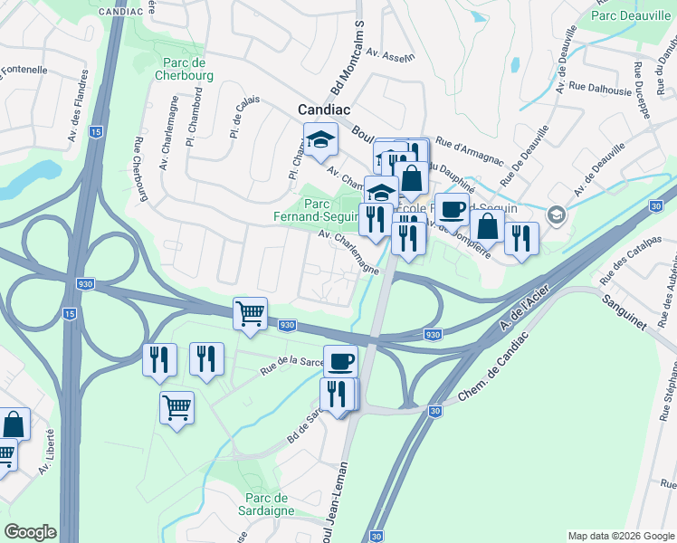 map of restaurants, bars, coffee shops, grocery stores, and more near 85 Rue de Chantilly in Candiac
