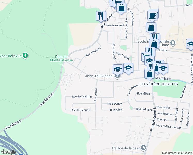 map of restaurants, bars, coffee shops, grocery stores, and more near 1895 Rue André in Sherbrooke