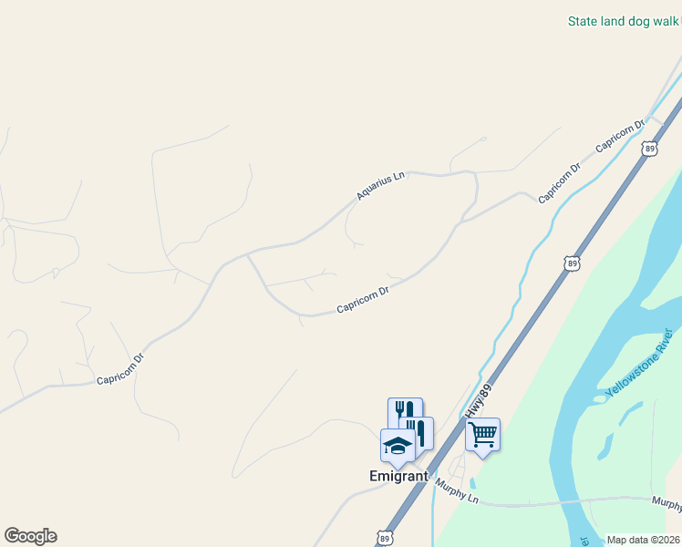 map of restaurants, bars, coffee shops, grocery stores, and more near 106 Capricorn Drive in Emigrant