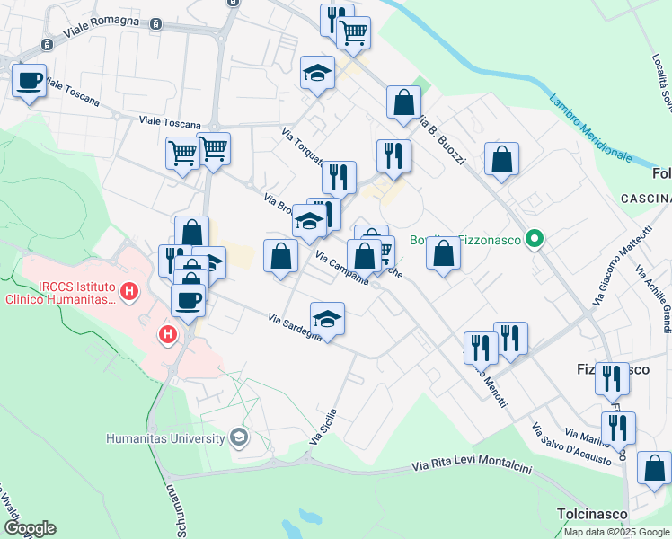 map of restaurants, bars, coffee shops, grocery stores, and more near 26 Via Campania in Fizzonasco