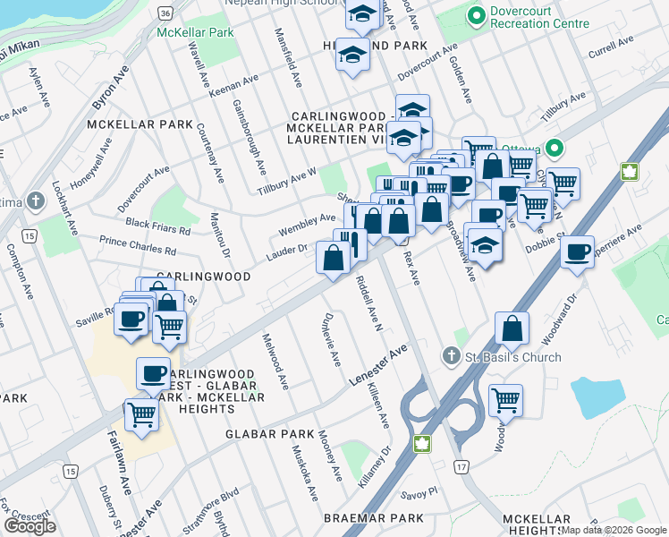 map of restaurants, bars, coffee shops, grocery stores, and more near 1893 Carling Avenue in Ottawa