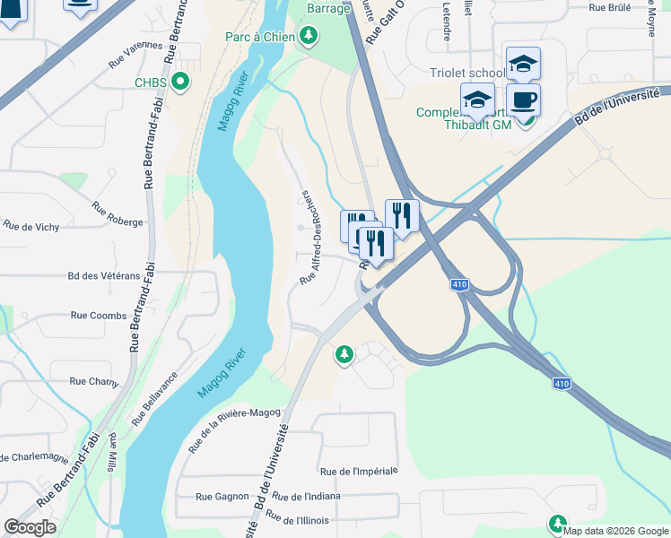 map of restaurants, bars, coffee shops, grocery stores, and more near 3423 Rue Alfred-DesRochers in Sherbrooke