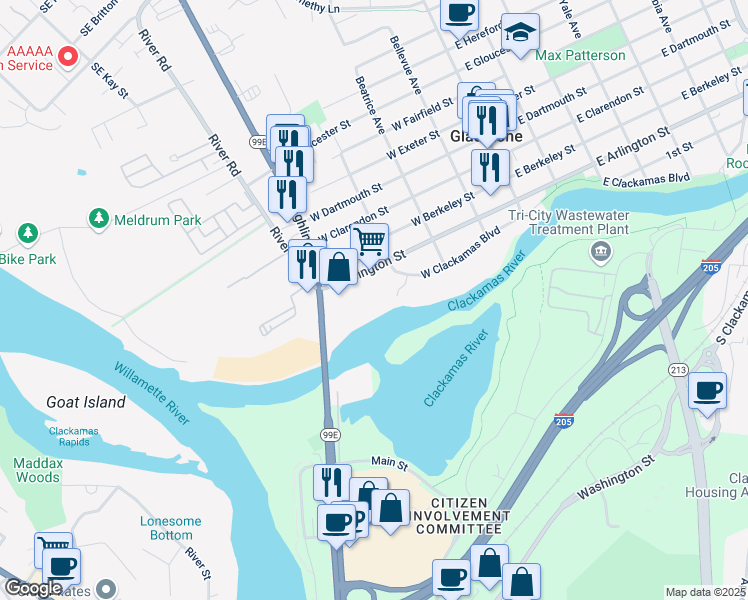 map of restaurants, bars, coffee shops, grocery stores, and more near 385 W Clackamas Blvd in Gladstone