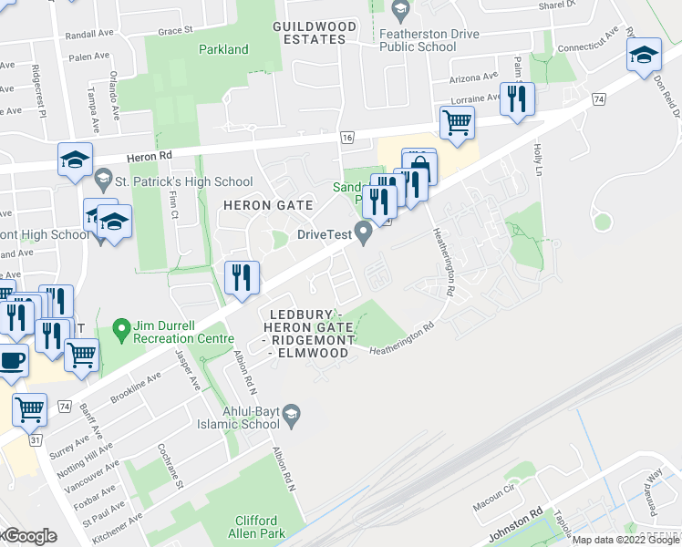 map of restaurants, bars, coffee shops, grocery stores, and more near 1512 Walkley Road in Ottawa