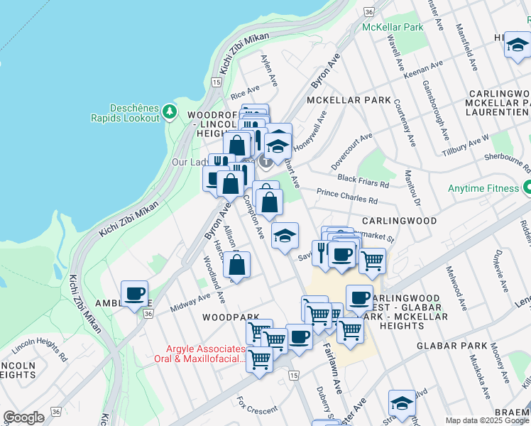 map of restaurants, bars, coffee shops, grocery stores, and more near 198 Woodroffe Avenue in Ottawa