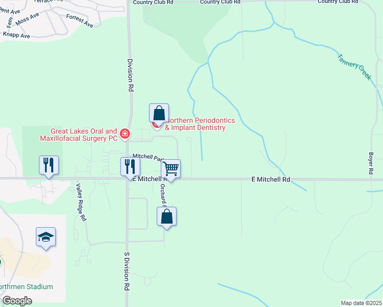 map of restaurants, bars, coffee shops, grocery stores, and more near Creekside Drive in Emmet County