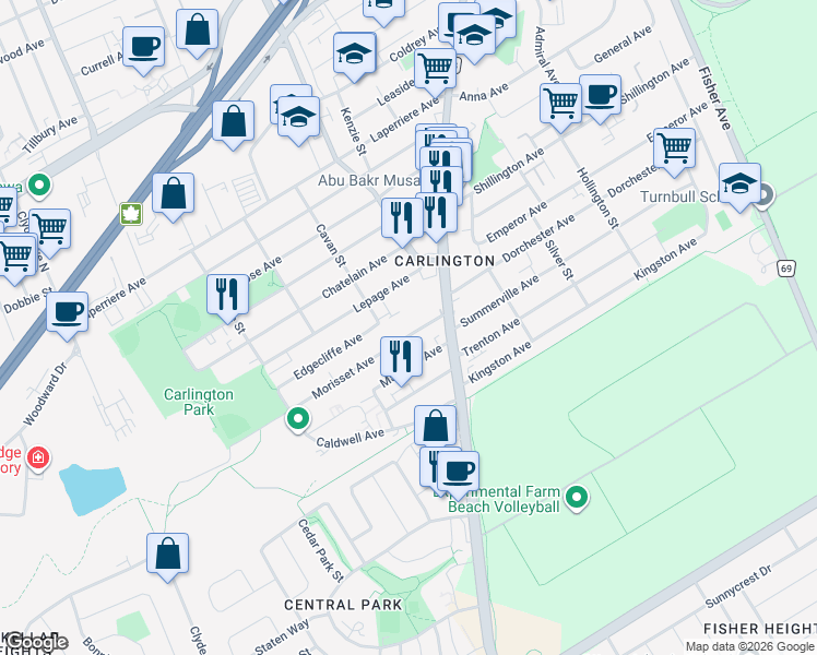 map of restaurants, bars, coffee shops, grocery stores, and more near 1411 Morisset Avenue in Ottawa
