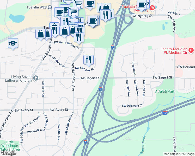 map of restaurants, bars, coffee shops, grocery stores, and more near Southwest Sagert Street in Tualatin