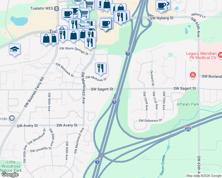 map of restaurants, bars, coffee shops, grocery stores, and more near Southwest Sagert Street in Tualatin