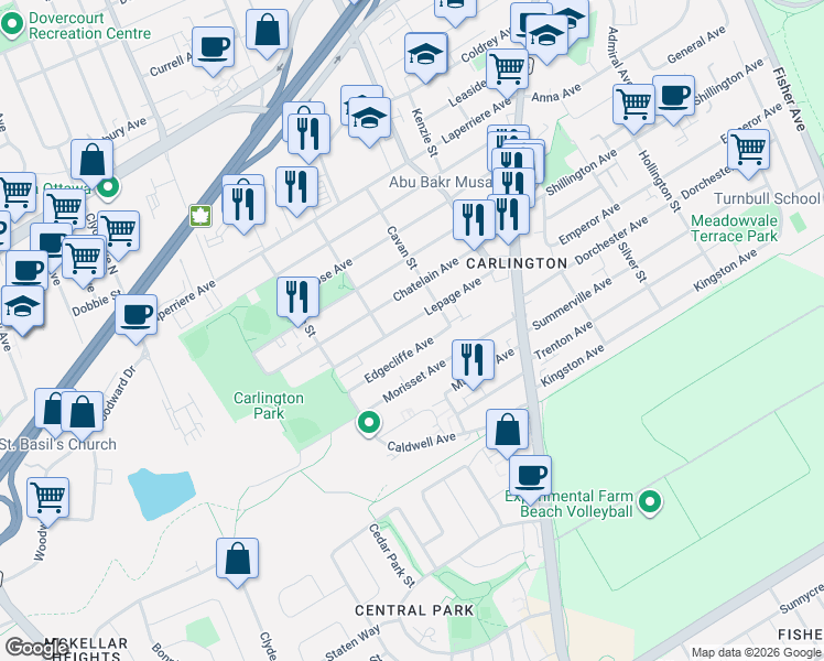 map of restaurants, bars, coffee shops, grocery stores, and more near 1456 Lepage Avenue in Ottawa