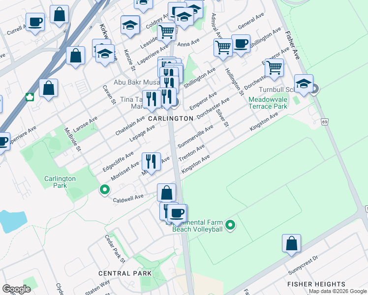 map of restaurants, bars, coffee shops, grocery stores, and more near 1362 Summerville Avenue in Ottawa