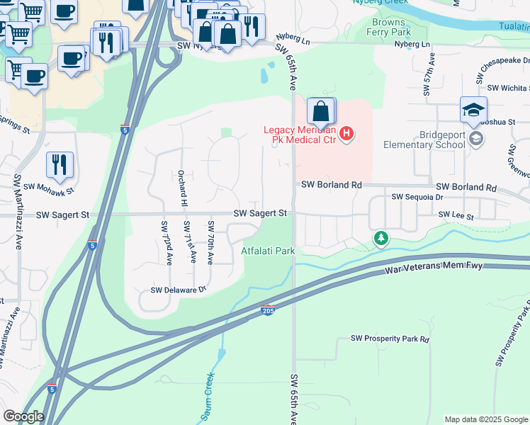 map of restaurants, bars, coffee shops, grocery stores, and more near 6600 SW Sagert St in Tualatin