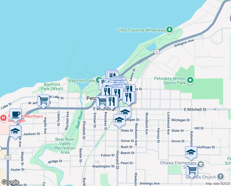 map of restaurants, bars, coffee shops, grocery stores, and more near 401 East Lake Street in Petoskey