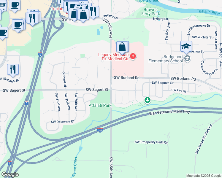map of restaurants, bars, coffee shops, grocery stores, and more near SW 65th Ave & SW Sagert St in Tualatin