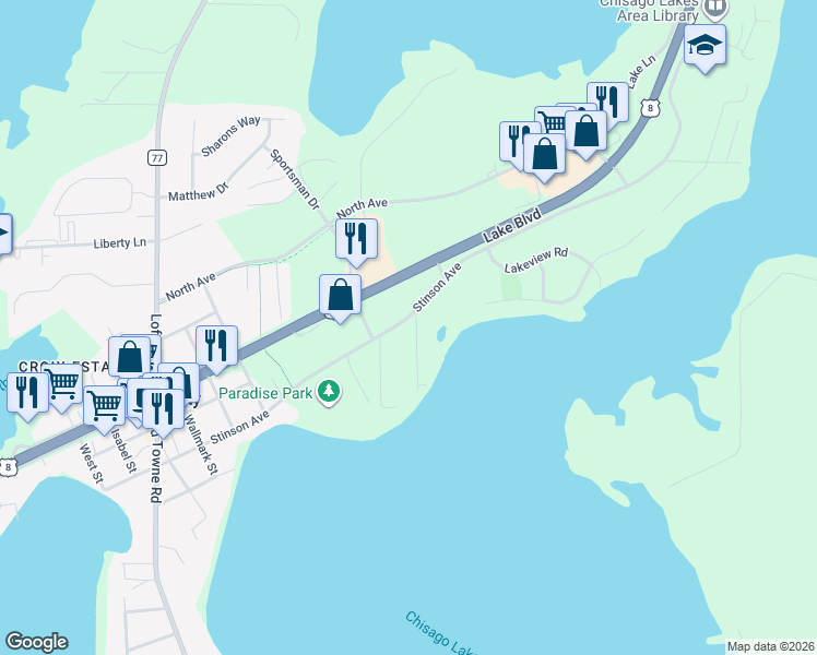 map of restaurants, bars, coffee shops, grocery stores, and more near 29470 Kings Bluff in Chisago City