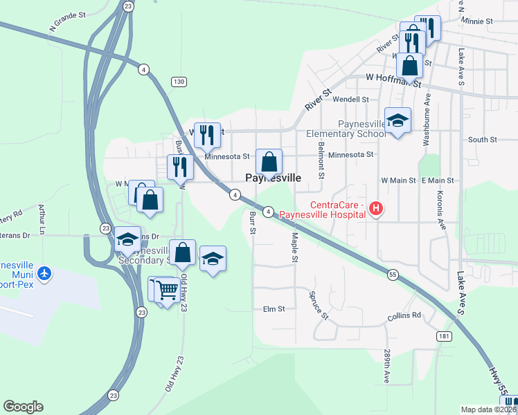 map of restaurants, bars, coffee shops, grocery stores, and more near 644 Highway 55 in Paynesville