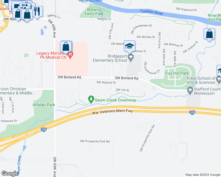 map of restaurants, bars, coffee shops, grocery stores, and more near 20083 Southwest 57th Terrace in Tualatin