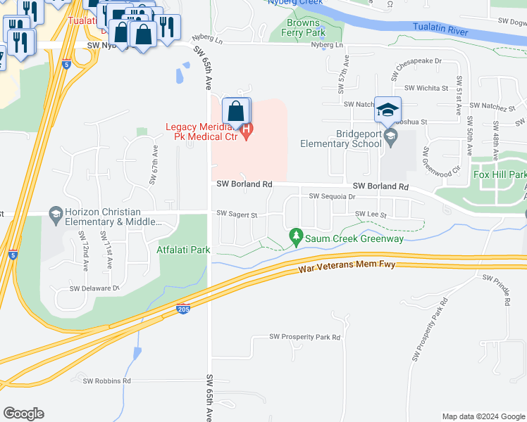 map of restaurants, bars, coffee shops, grocery stores, and more near 19961 Southwest 61st Terrace in Tualatin