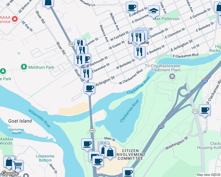 map of restaurants, bars, coffee shops, grocery stores, and more near 385 West Clackamas Boulevard in Gladstone