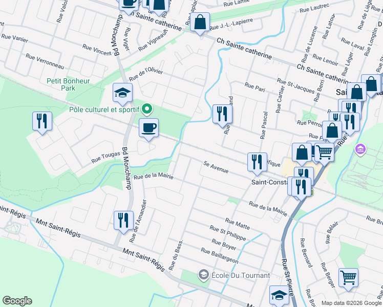 map of restaurants, bars, coffee shops, grocery stores, and more near 163 5e Avenue in Saint-Constant